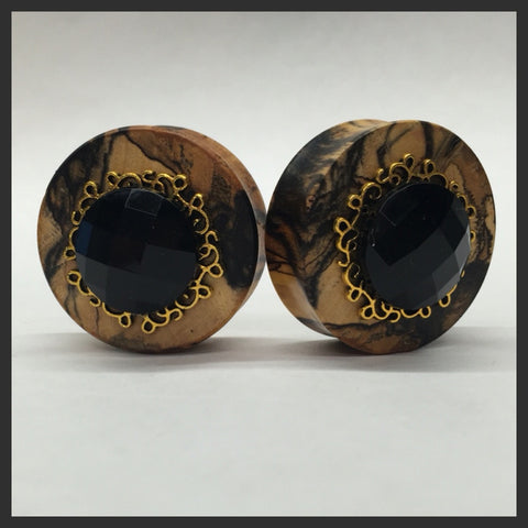 Olivewood Ebony Swarovski Offset Crystal Round Plugs