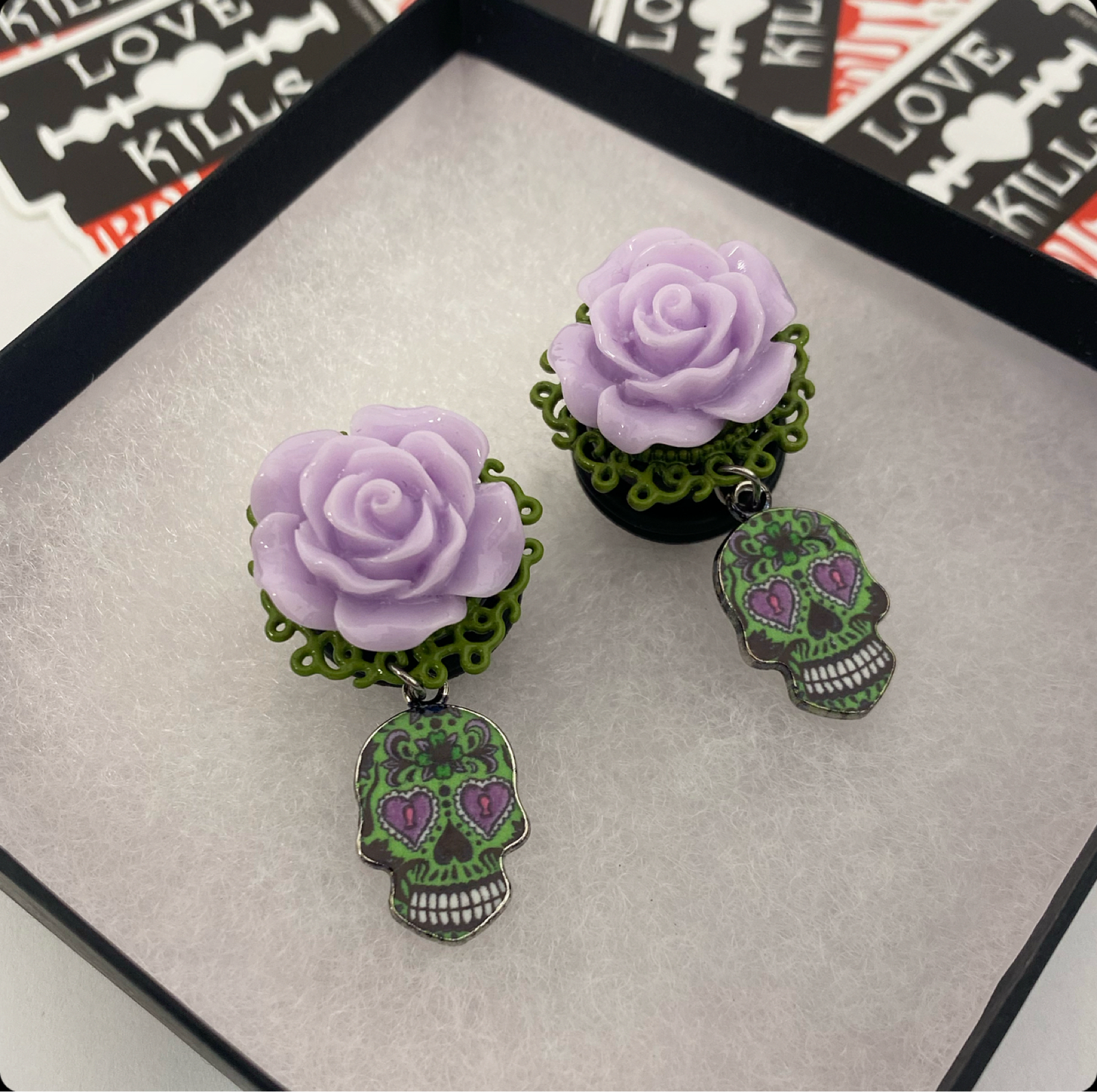 Dia De Los Muertos Cross and Roses dangle plugs Gauges Jewlery